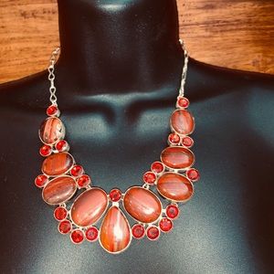 Sterling Silver Genuine Jasper Crystals with Red Quartz. Necklace Choker 65tw.